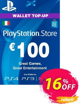 Playstation Network (PSN) Card - 100 EUR (Italy) Coupon, discount Playstation Network (PSN) Card - 100 EUR (Italy) Deal. Promotion: Playstation Network (PSN) Card - 100 EUR (Italy) Exclusive offer 