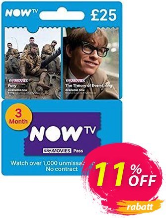 NOW TV - Movies 3 Month Pass Coupon, discount NOW TV - Movies 3 Month Pass Deal. Promotion: NOW TV - Movies 3 Month Pass Exclusive Easter Sale offer 