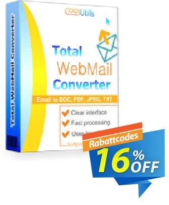 Coolutils Total Webmail Converter Coupon, discount 15% OFF Coolutils Total Webmail Converter, verified. Promotion: Dreaded discounts code of Coolutils Total Webmail Converter, tested & approved