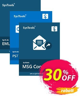 Bundle Offer: SysTools Mac MSG Converter + Mac PST Converter + Mac EML Converter Coupon, discount 30% OFF Bundle Offer: SysTools Mac MSG Converter + Mac PST Converter + Mac EML Converter, verified. Promotion: Awful sales code of Bundle Offer: SysTools Mac MSG Converter + Mac PST Converter + Mac EML Converter, tested & approved