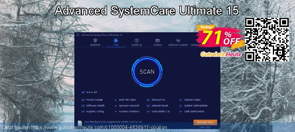 Advanced SystemCare Ultimate 15 uneingeschränkt Außendienst-Promotions Bildschirmfoto